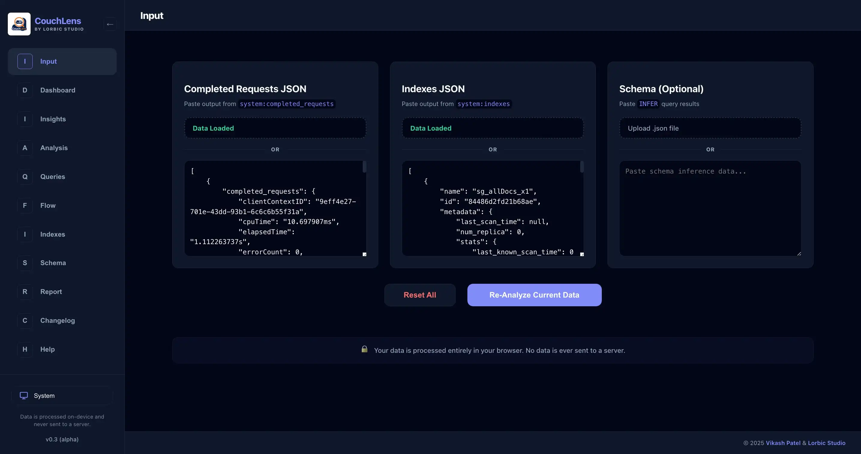 CouchLens Input tab for uploading JSON data files