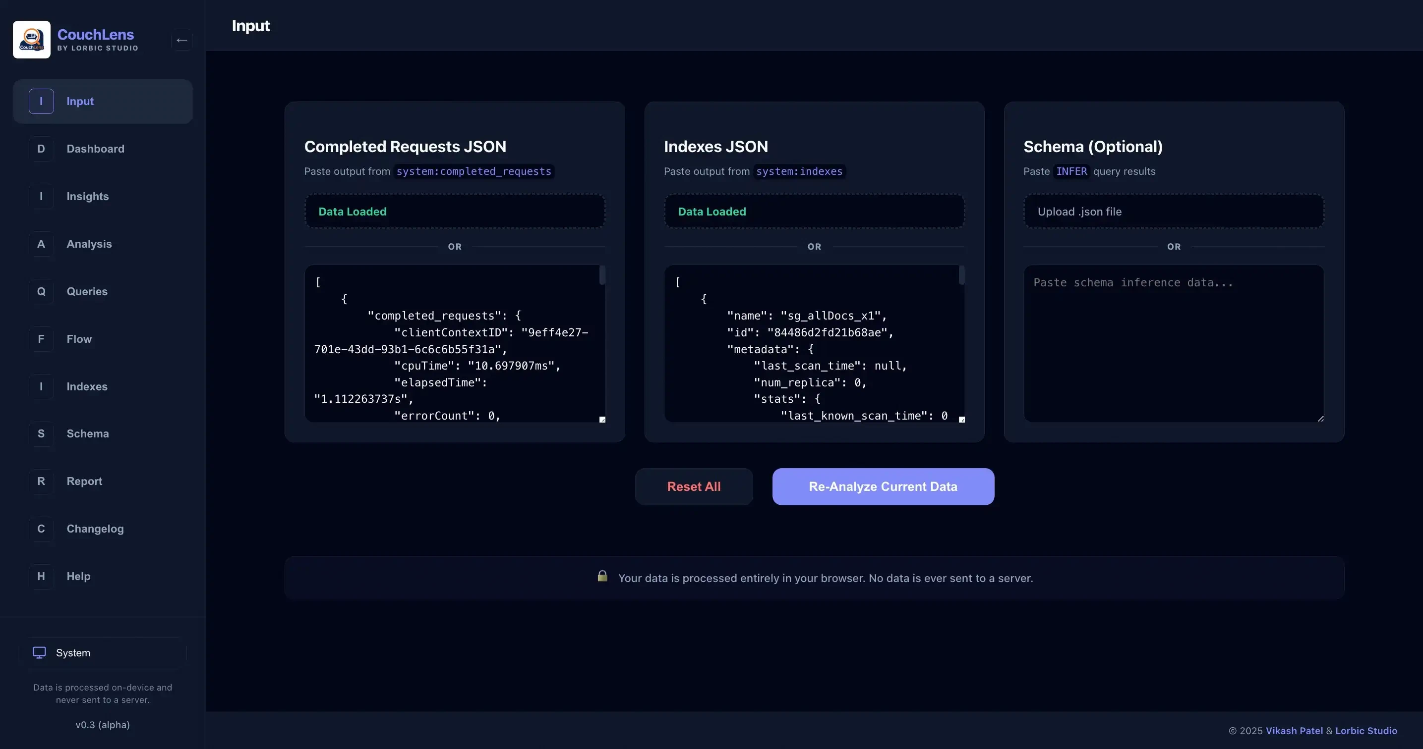CouchLens Input tab for uploading JSON data files