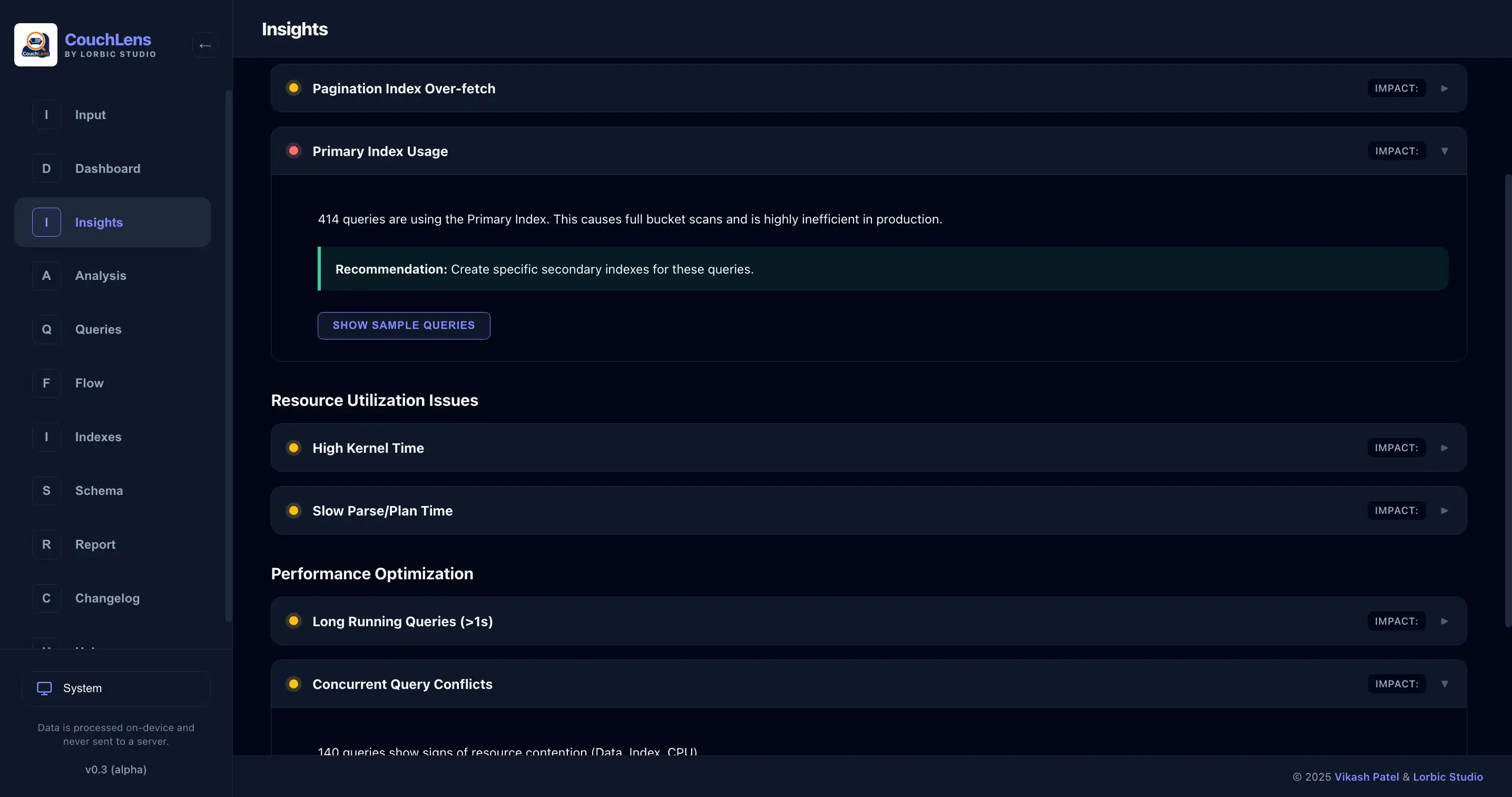 CouchLens Insights tab highlighting performance issues and recommendations