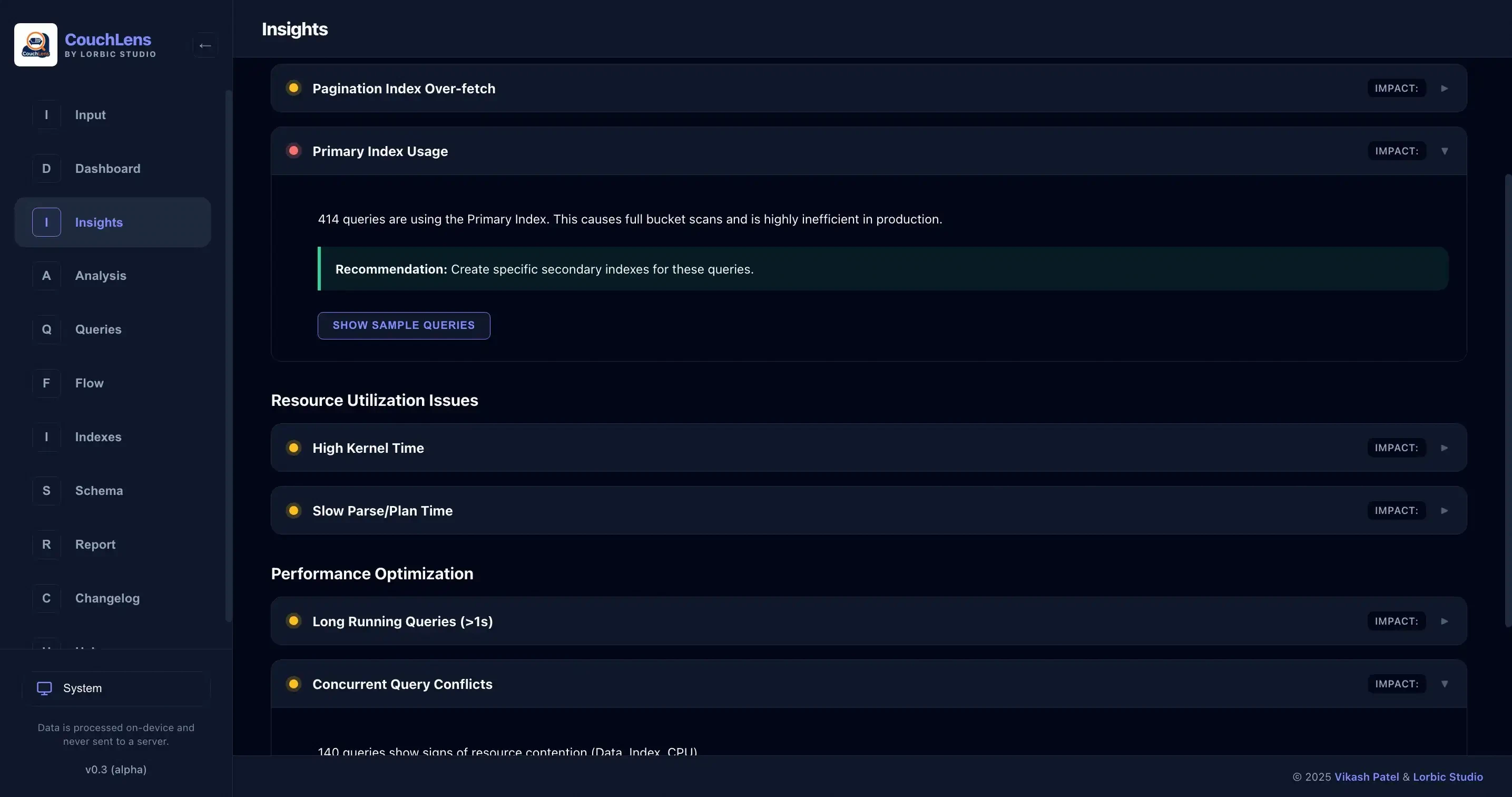 CouchLens Insights tab highlighting performance issues and recommendations