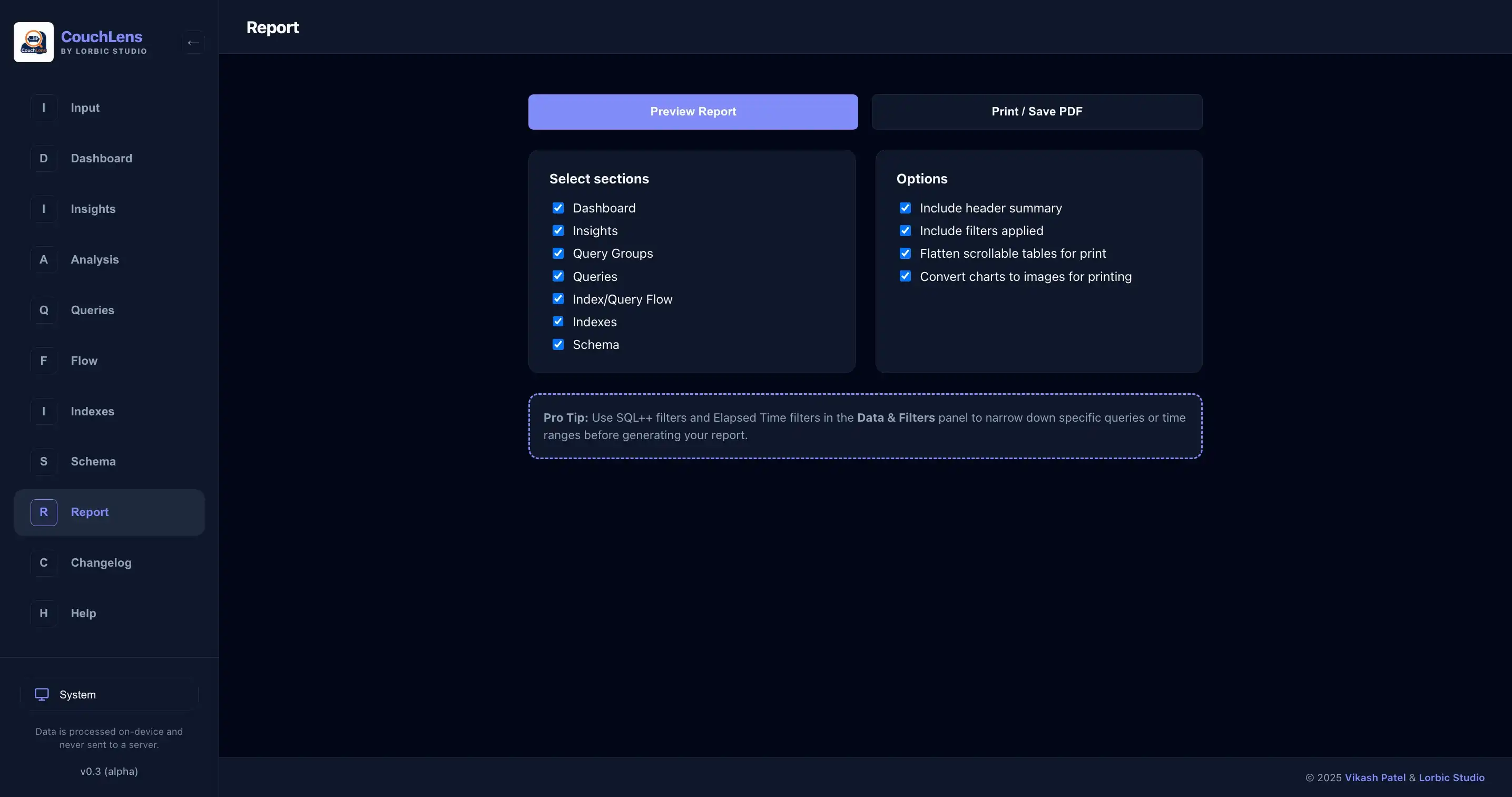 CouchLens Report view for generating printable summaries