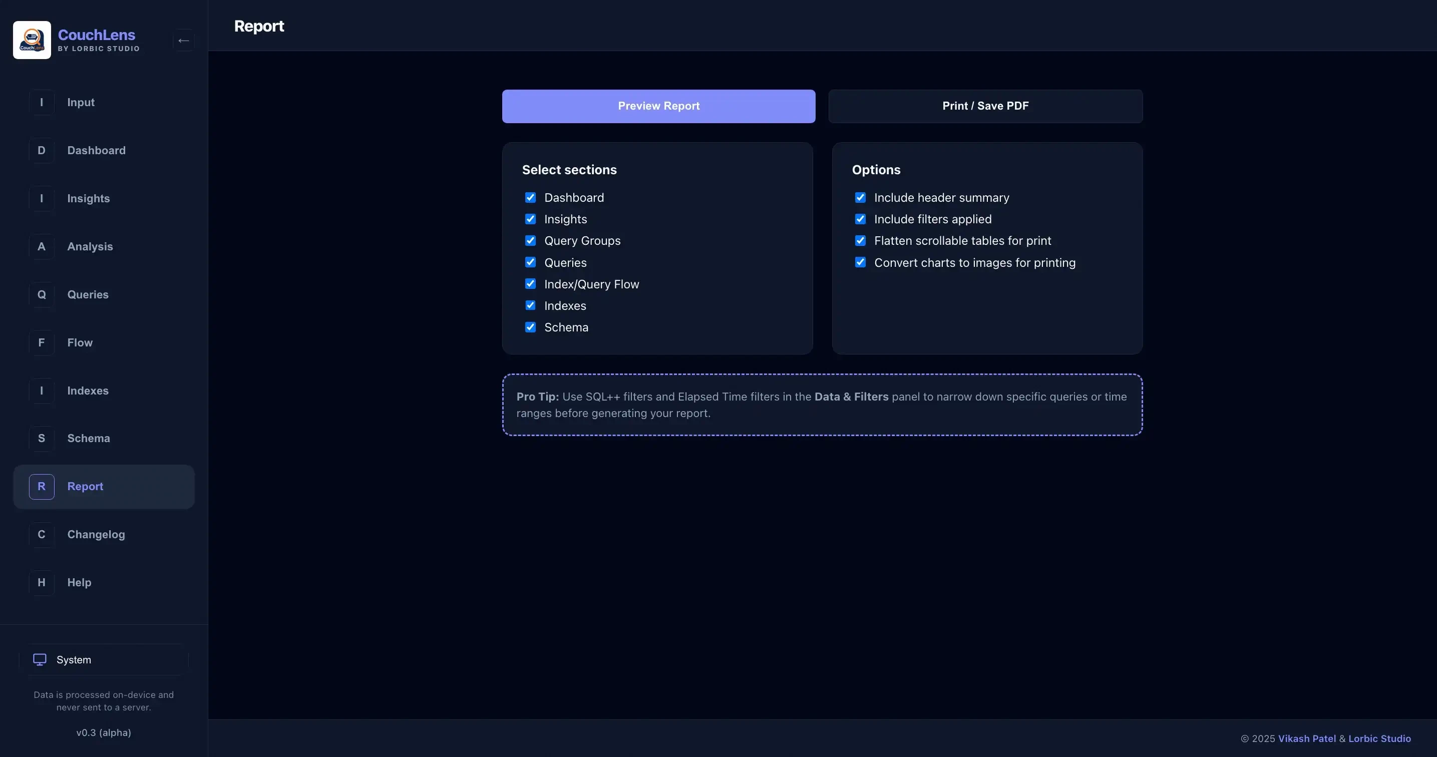 CouchLens Report view for generating printable summaries