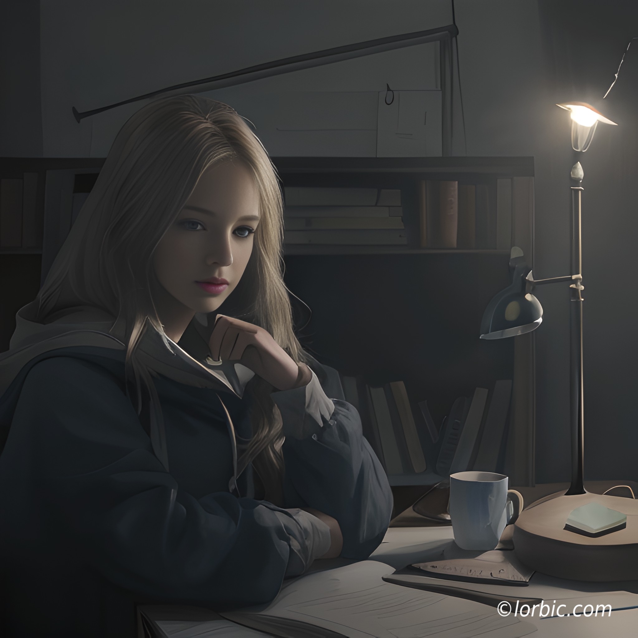A girl sitting in a room studying and thinking. Generated with AI by Vikash from Lorbic.com