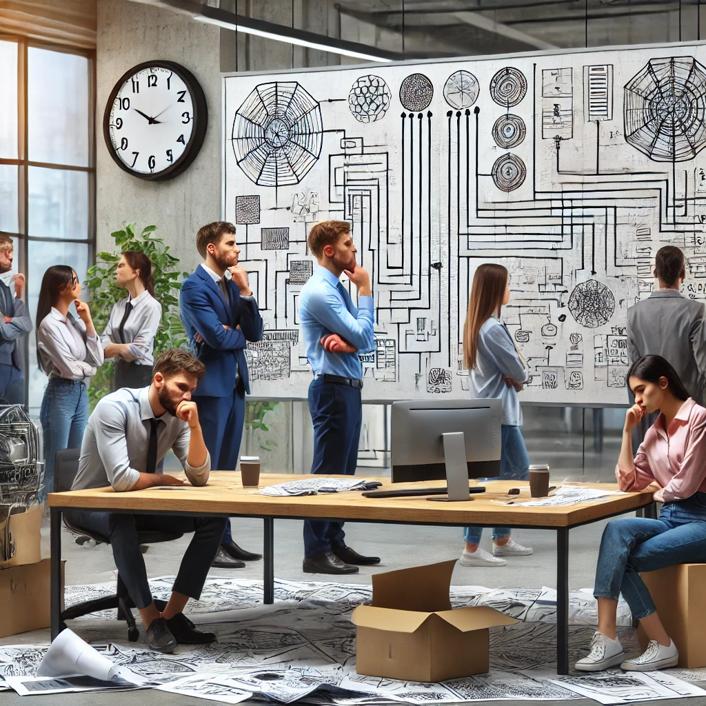 An image representing “Analysis Paralysis” in engineering. It shows a team stuck in decision-making and hesitant to take action.